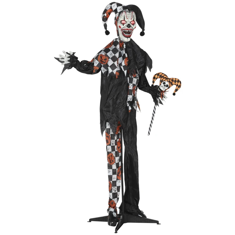 183 cm Life Size Animated Clown with Skull Staff - Scary Halloween Decoration with Light Up Eyes & Sound Activated Movement