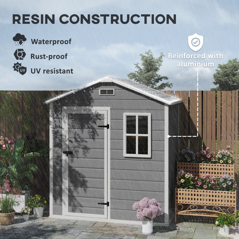 6ft x 4ft Grey Plastic Garden Shed with Floor, Window, Lockable Door and Vents - Wood Effect Resin Tool Storage for Outdoor Use