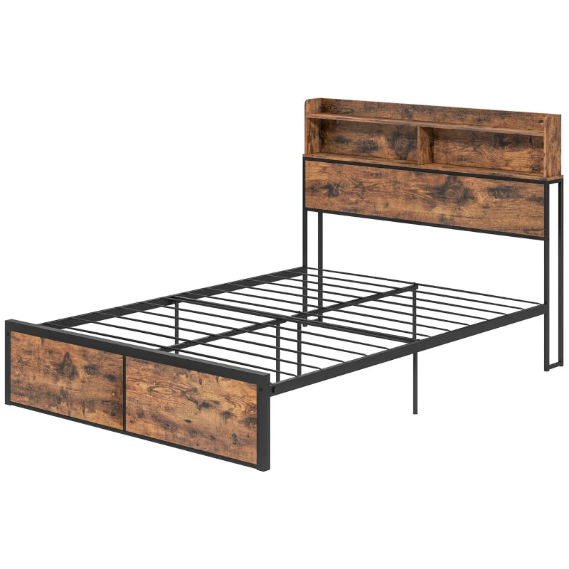 Industrial Style Double Bed Frame with Storage Headboard and Slatted Support 141x207cm Rustic Brown
