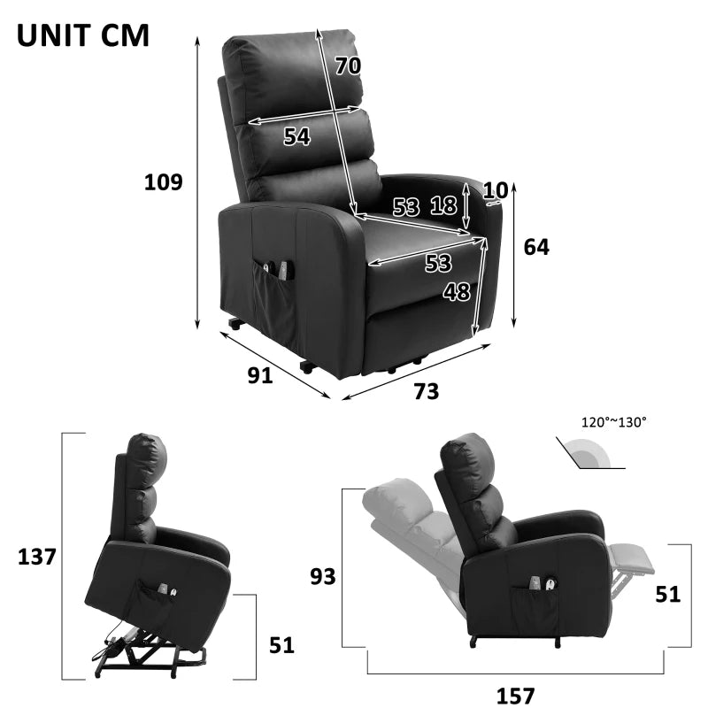 Power Lift Recliner Massage Chair with Heat and Vibration, Heavy Duty Mechanism, Side Pockets, Remote Control, Faux Leather - 73x91x109 cm, Black