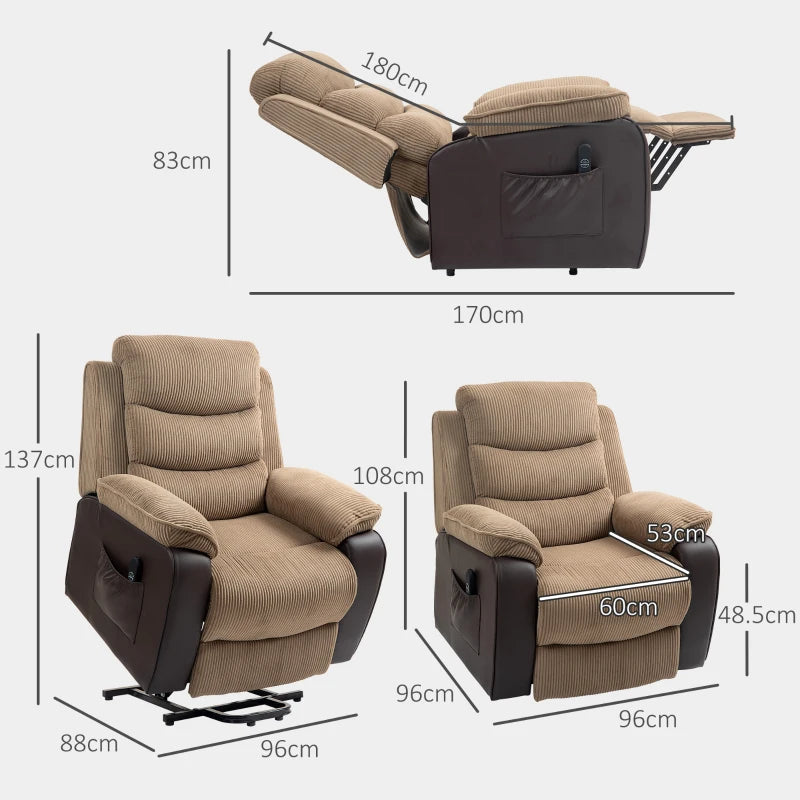 Oversized Electric Riser Recliner Chair for Elderly with Remote Control, USB Port and Side Pockets in Brown