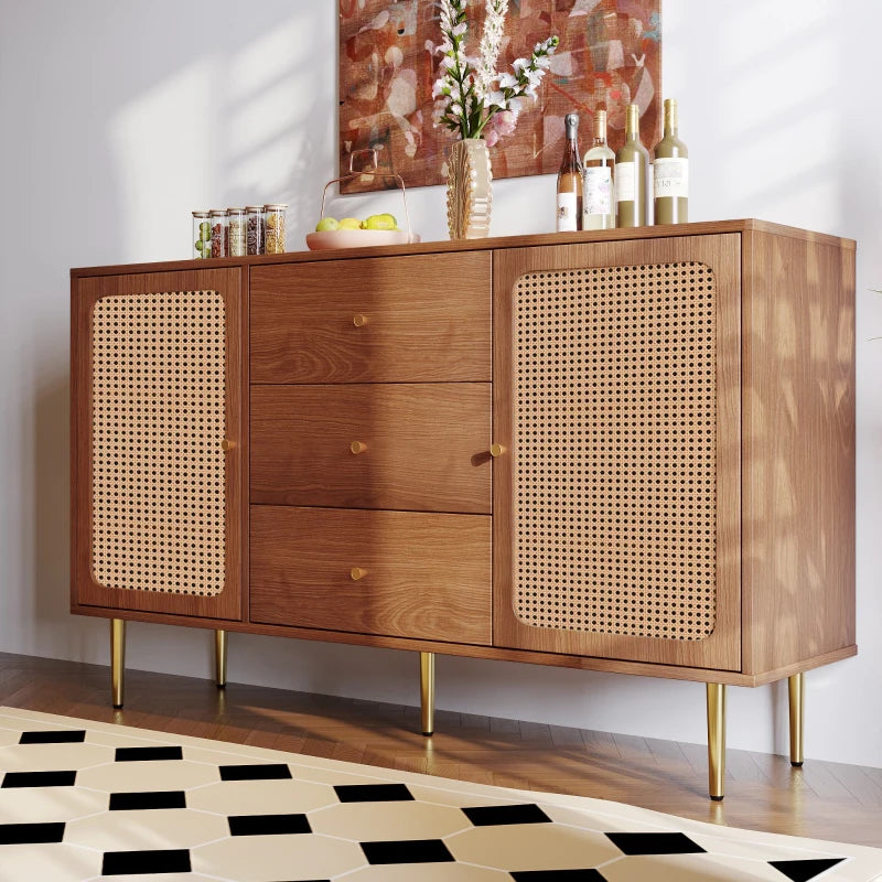 Modern Walnut Sideboard Cabinet with Adjustable Shelf, 2 Doors & 3 Storage Drawers - Stylish Freestanding Chest for Bedroom & Living Room