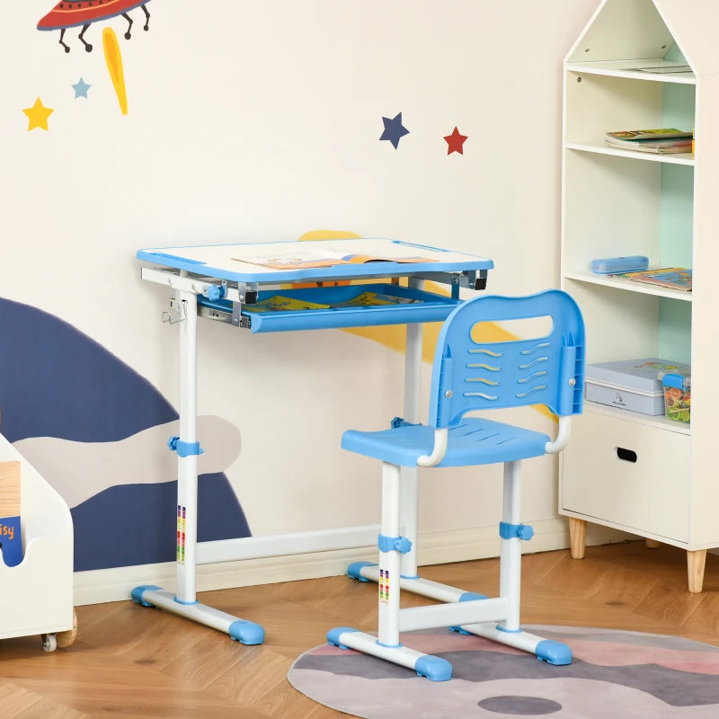 Kids Height Adjustable Desk and Chair Set - Blue, Tiltable Study Table with Drawer, Pen Slot & Hook for Students