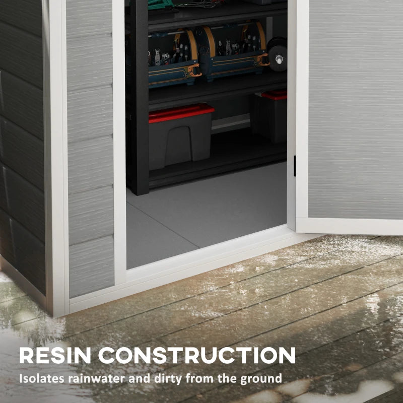 6ft x 4ft Grey Plastic Garden Shed with Floor, Window, Lockable Door and Vents - Wood Effect Resin Tool Storage for Outdoor Use