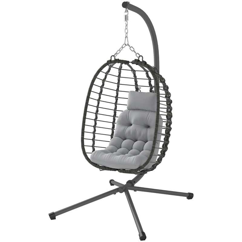 Light Grey Rattan Hanging Egg Chair with Cushion, Adjustable Height, Steel Frame for Indoor Outdoor