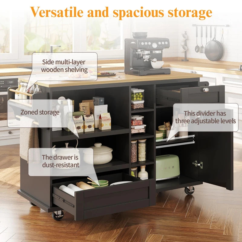 Mobile Kitchen Trolley with 5 Wheels, Drawers & Cupboards - Wooden Food Cart for Kitchen Organization, 129L x 46W x 92H cm, Black