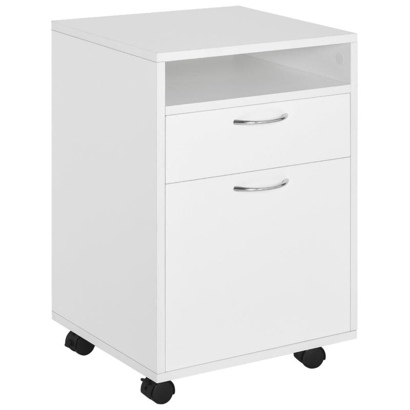60cm Mobile Filing Cabinet with Drawer & Open Shelf, 4 Wheels, Metal Handles - White Office Home Organizer for Printers