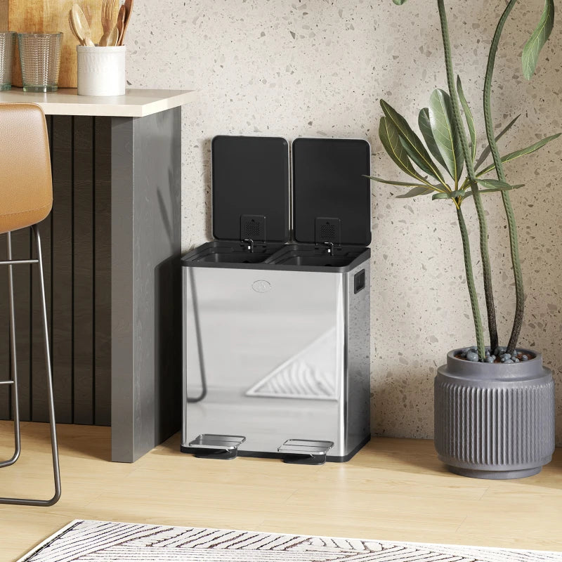 40L Dual Compartment Stainless Steel Trash Bin with Deodoriser Holders - Sleek Silver Tone for Kitchen & Office