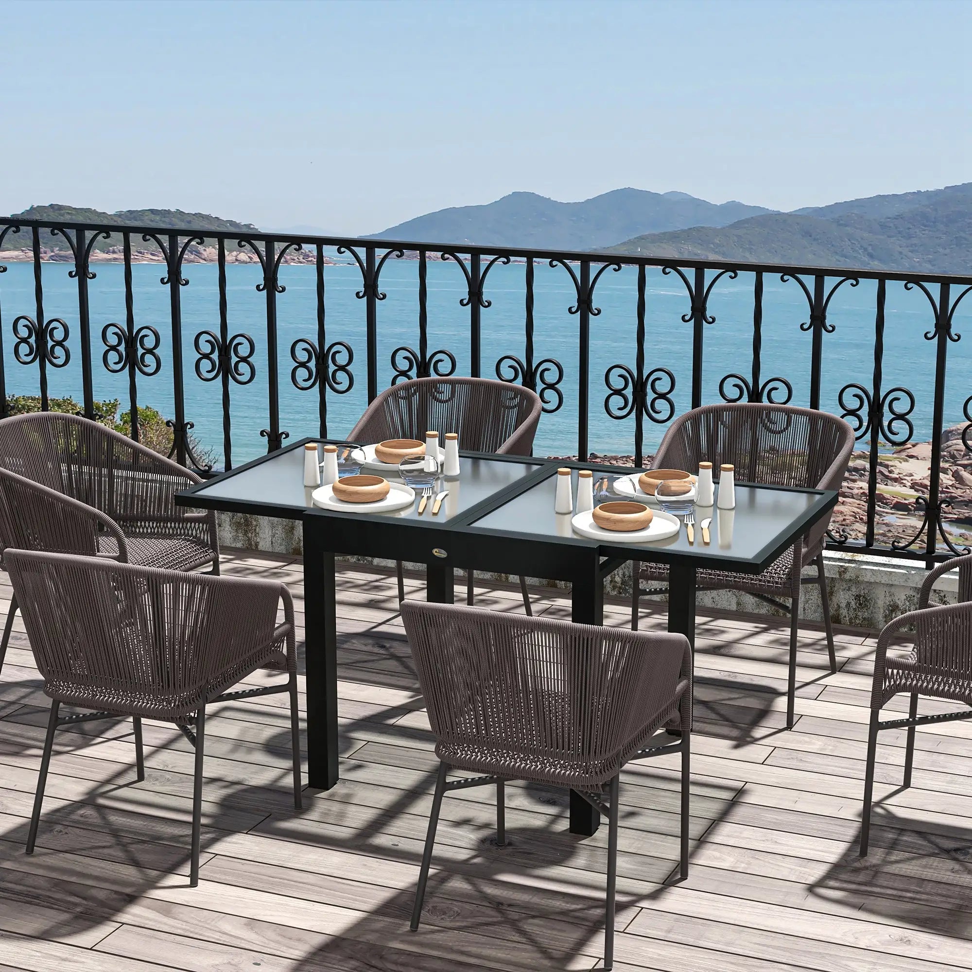 Black Frame Aluminium Extendable Garden Table - Tempered Glass Tabletop, 80/160 x 80 x 75 cm