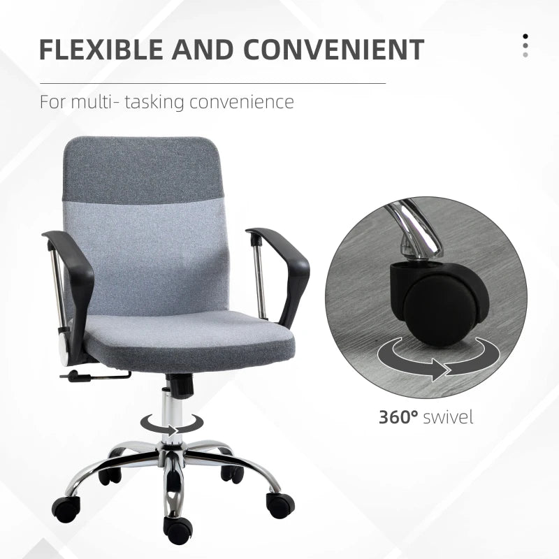 Vinsetto Grey Linen Fabric Swivel Office Chair - Adjustable Computer Desk Chair with Wheels for Home Study