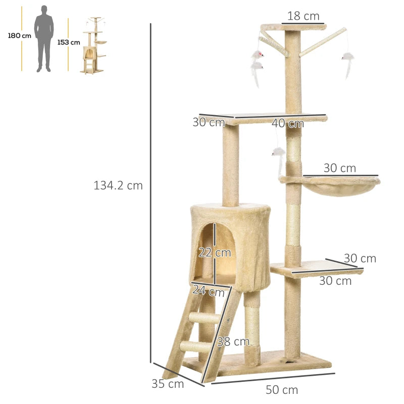 Beige Multi-Level Cat Tree with Scratching Post, Ladder & Cozy Cat House - Perfect for Play & Relaxation