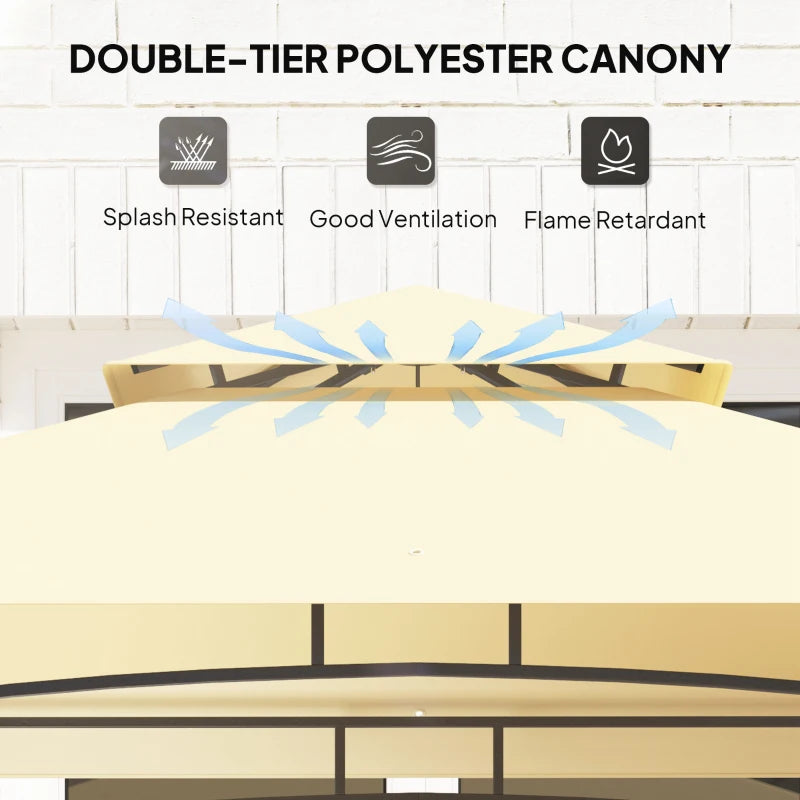 8' x 5' Beige Double Tiered BBQ Grill Gazebo Canopy with LED Lights, 2 Side Shelves & Hooks