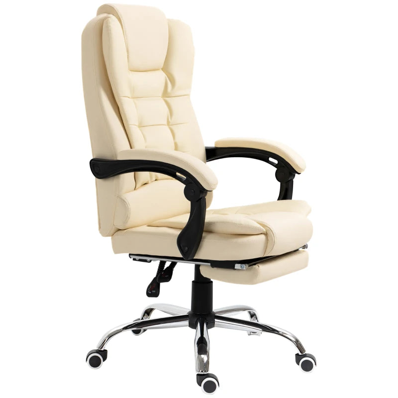 Executive Office Chair - Cream White Home Office Chair with Swivel Wheels, Reclining Backrest & Retractable Footrest