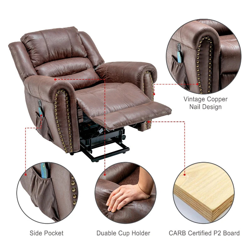Large Executive Power Lift Recliner Chair with Heating and Massage, Heavy Duty Faux Leather, USB Port, Brown