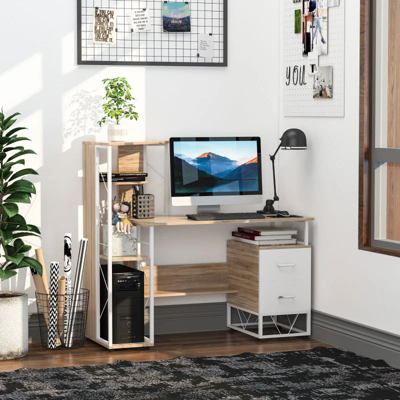 Oak Computer Desk with Drawers & Bookshelf - Stylish Writing Desk for Home Office & Study Workstation with Storage Shelves