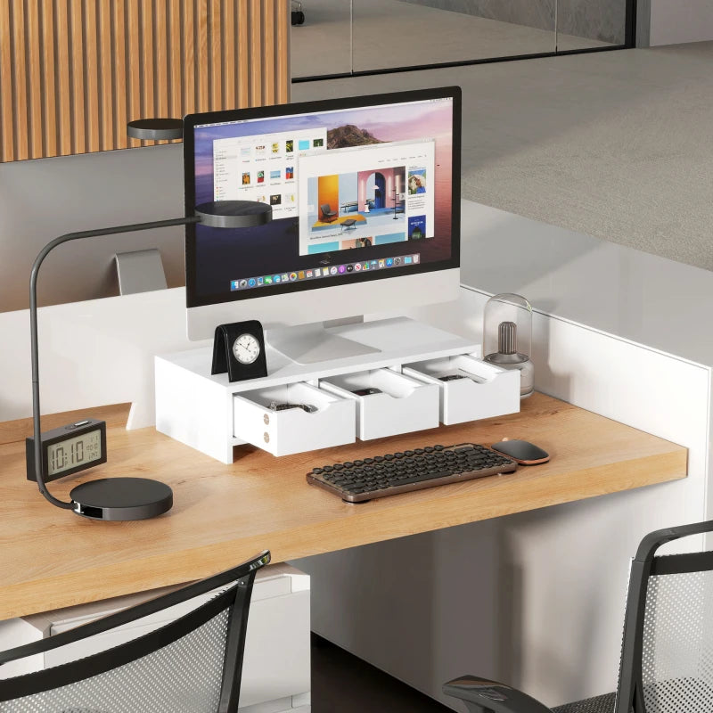 White Monitor Stand Riser with 3 Drawers - Laptop & PC Holder, 51x24x13cm, Ideal for Small Printers & Desks