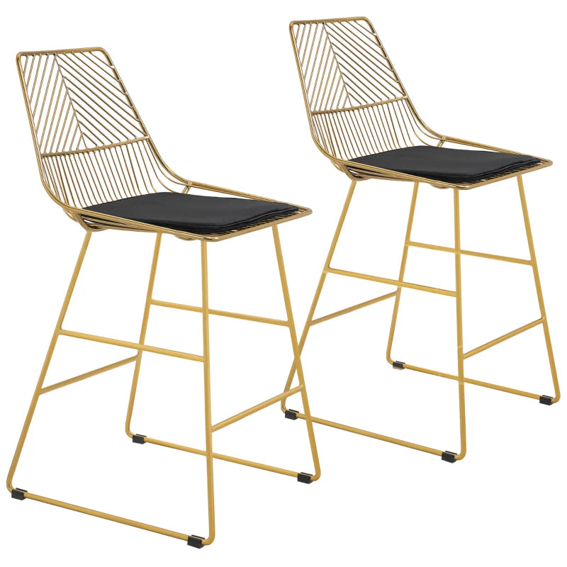 Set of 2 Modern Gold Bar Stools - Counter Height Breakfast Chairs with Wire Metal Frame for Kitchen & Dining Room