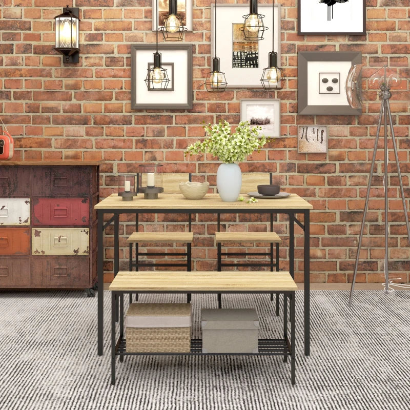 Square Dining Set for 4 - Natural Wood Effect Table, Chairs & Bench Included - Stylish & Durable Furniture