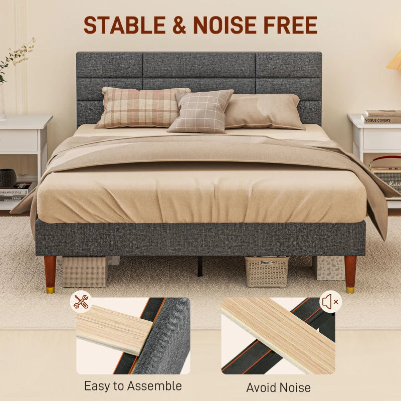 Stylish Grey Upholstered Double Bed Frame with Slats 136cm Wide 196cm Long 87cm High