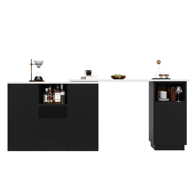 360° Swiveling Kitchen Island with Marble Top & Storage - Stylish Bar Table for Kitchen & Living Room, Black, 198.5L x 30W x 72.5H cm