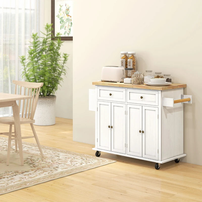 Rolling Kitchen Island Storage Trolley with Rubber Wood Top & Drawers - White Dining Room Cart for Easy Organization