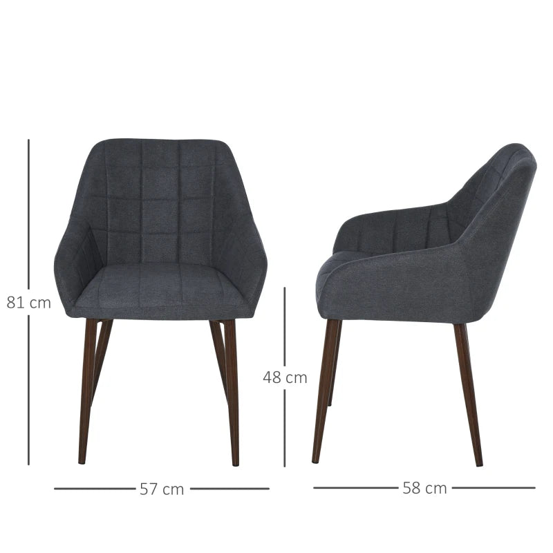 2-Piece Linen-Touch Dining Chair Set with Grid Pattern Cushion, Mid Back Leisure Armchair, Steel Legs, Sponge Padding