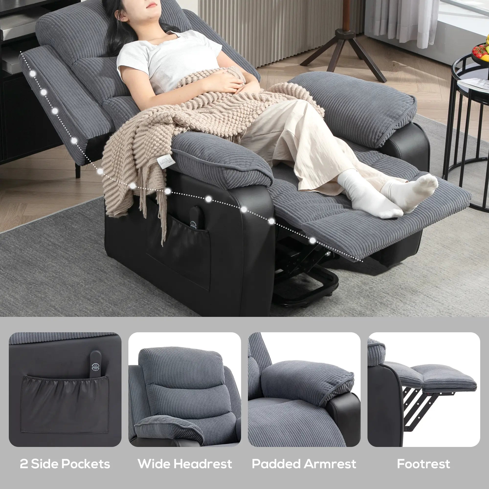 Overstuffed Dark Grey Electric Lift Recliner Chair for Elderly – Power Riser Armchair with 150° Recline, Footrest, USB Charging Port & Supportive Padding – Adjustable Mobility Sofa for Seniors