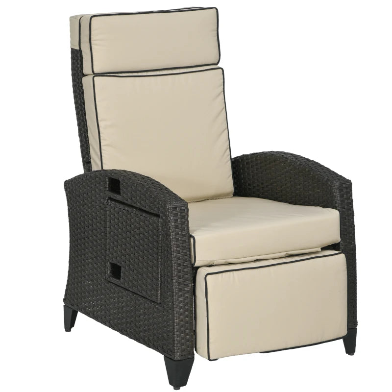Khaki Outdoor Recliner Chair with Adjustable Backrest, Footrest, Cushion & Side Tray