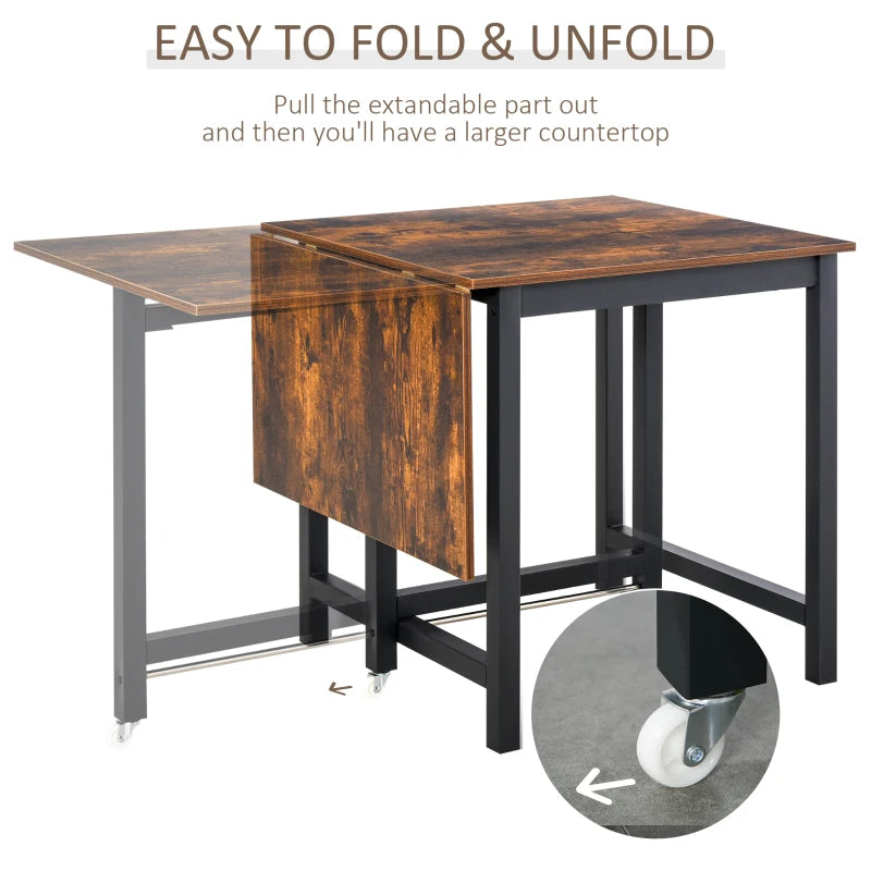Industrial Folding Dining Table with Wheels - Rustic Brown Drop Leaf Table for Kitchen & Dining Room, Space Saving Design