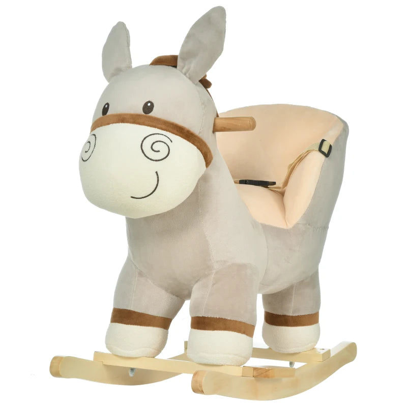Kids Plush Rocking Horse with Sound | Safe Wooden Base Ride-On Donkey Toy for Toddlers 18-36 Months - Grey