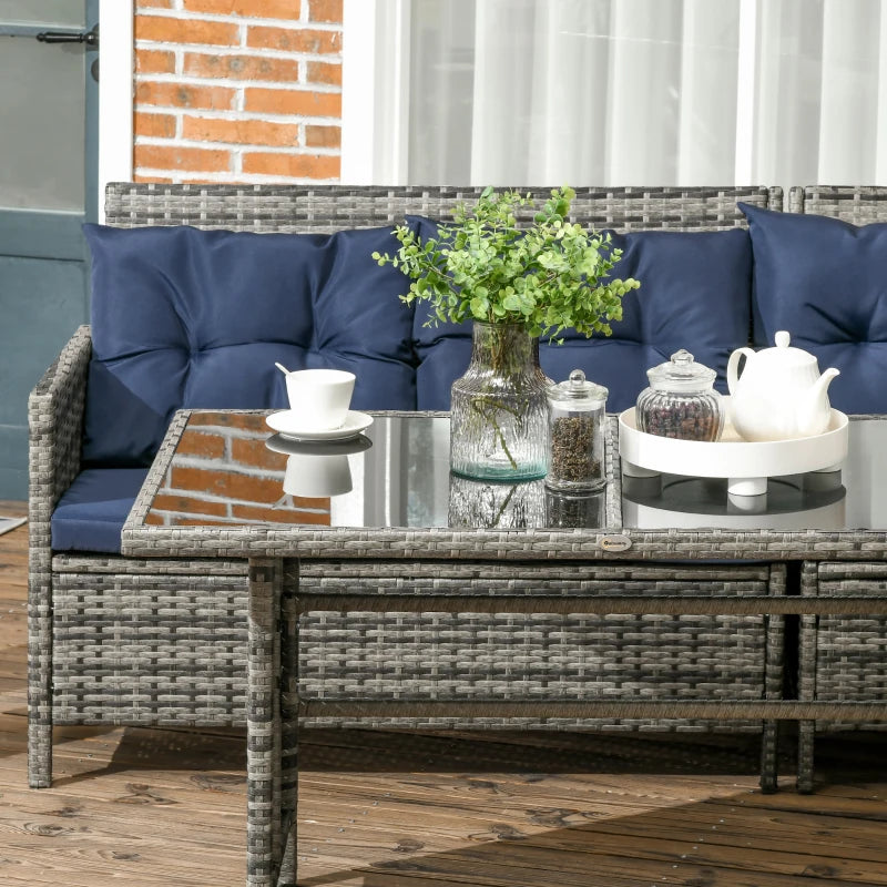 8-Seater Rattan Corner Sofa With Glass Table & Blue Cushions