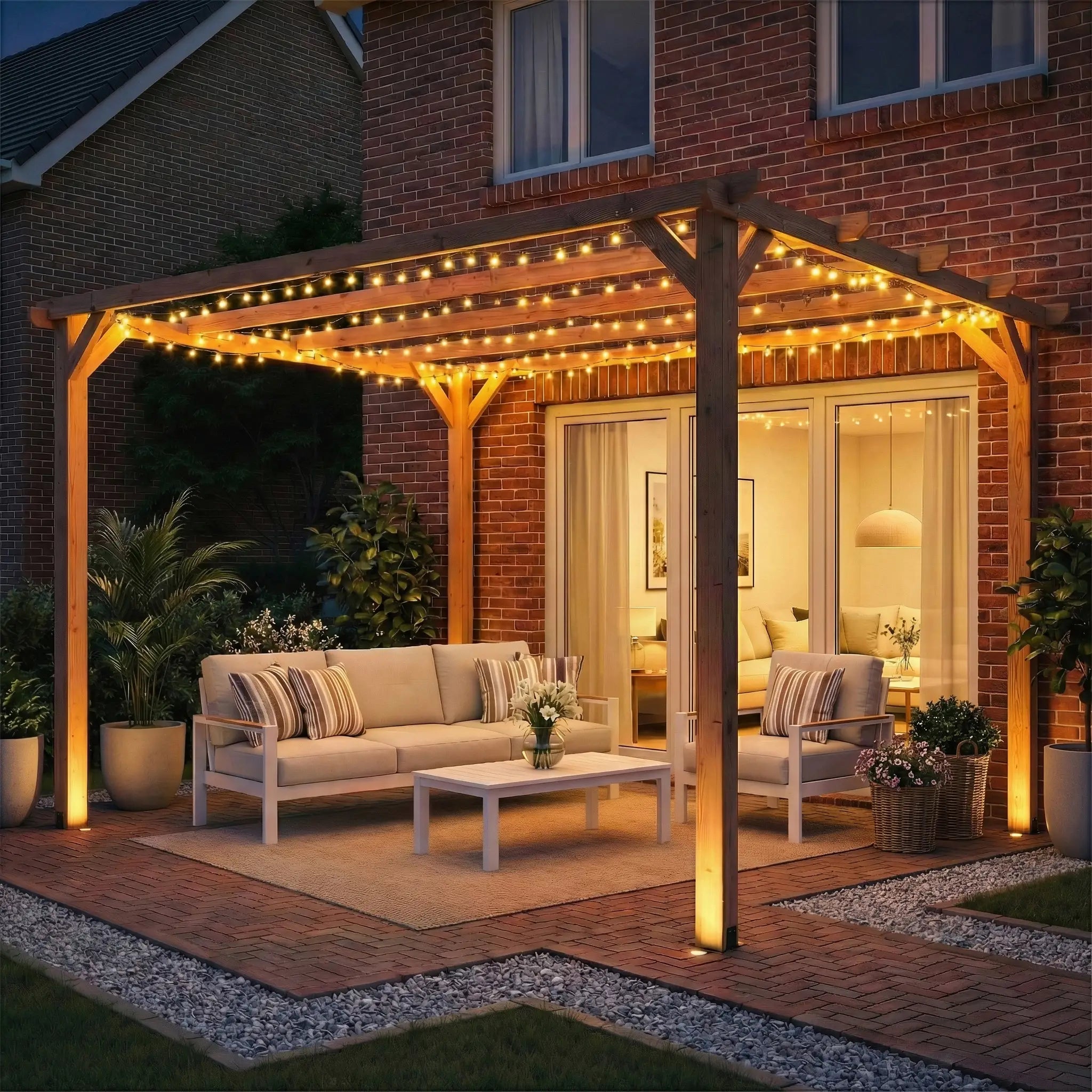 3x3m Wooden Pergola Kit with Triangle Supports – Garden Gazebo Grape Trellis Frame, 5-Beam Maple Wood-Effect Design
