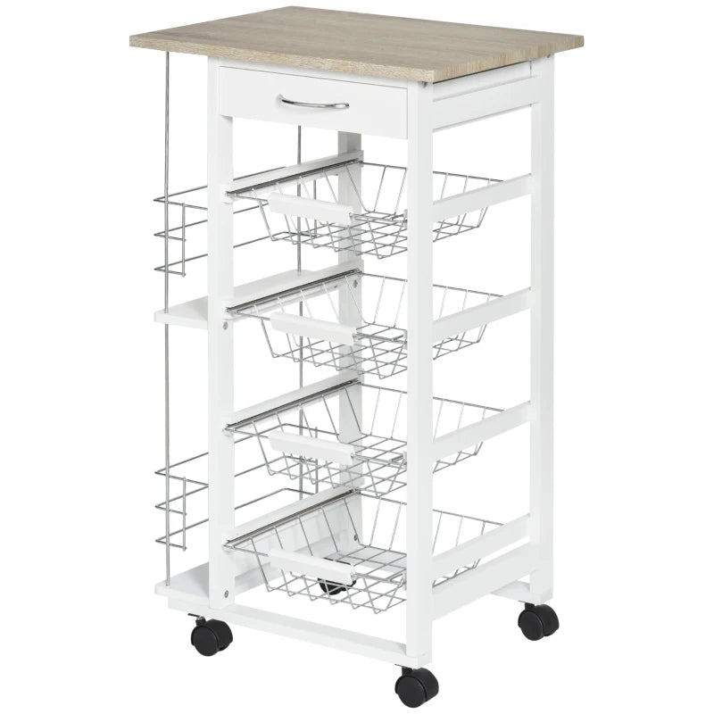 Rolling Kitchen Cart with 4 Basket Drawers & Side Racks - Utility Storage on Wheels for Dining Room - Natural & White