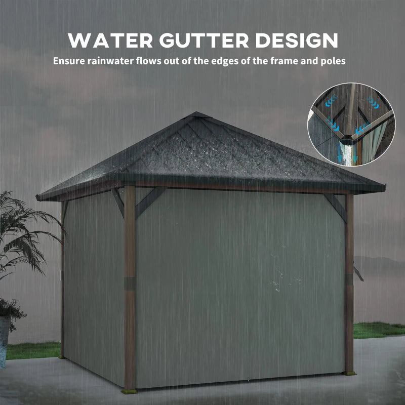 3x3m Hardtop Gazebo - Waterproof Galvanised Steel Roof Pavilion with Netting and Curtains - Walnut Wood Finish Garden Canopy