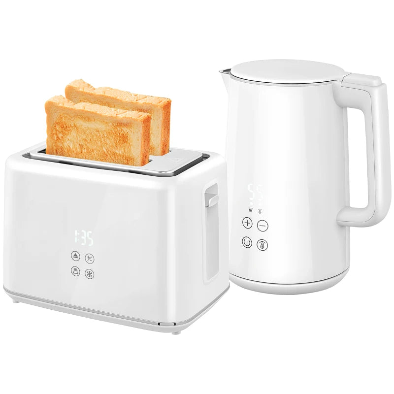 Polished Stainless Steel White Kettle and Toaster Set - Modern Kitchen Appliances for Stylish Cooking and Brewing