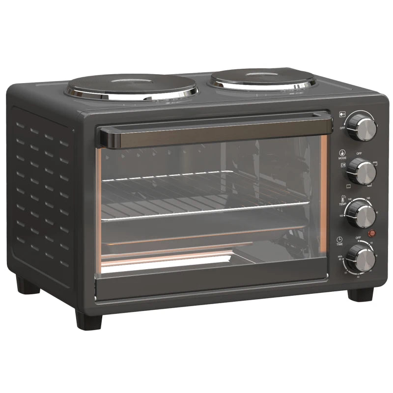 28L Electric Mini Oven with 2 Hot Plates - Countertop Toaster Oven for Baking, Grilling & Roasting - 2600W, Black