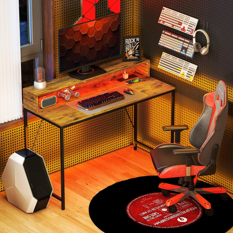 120cm Rustic Brown Computer Desk with LED Lights & Power Outlets, Gaming Table with Monitor Stand & Remote for Home Office