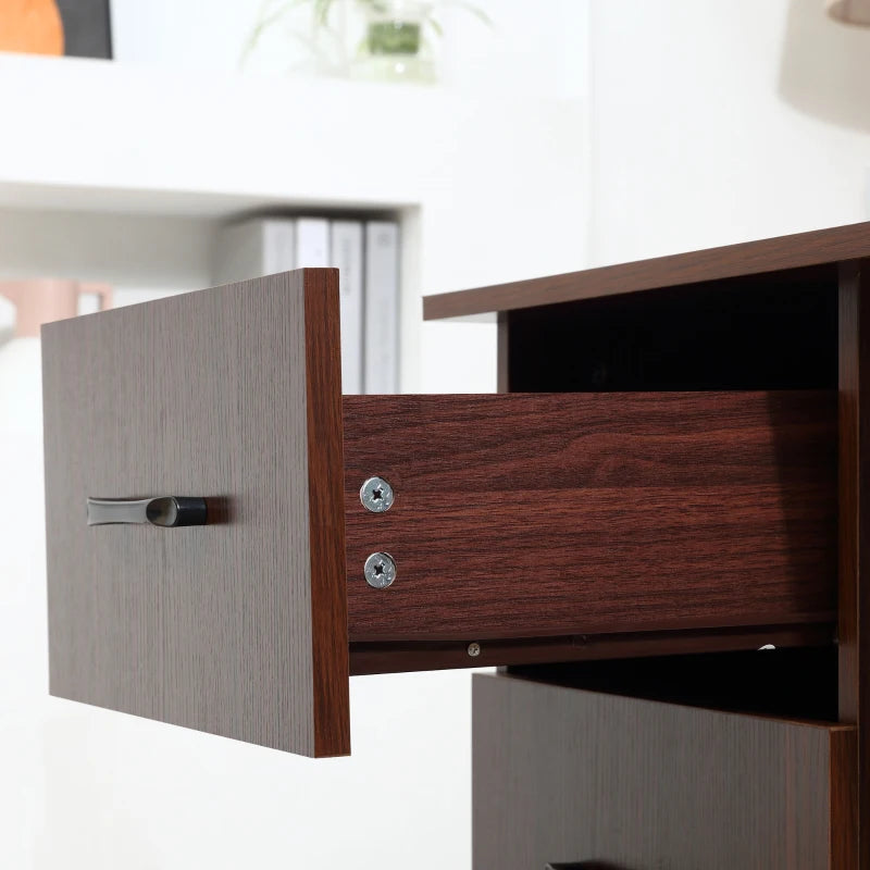 Walnut Brown Computer Desk with 3 Storage Shelves & Drawers - Stylish Writing Table for Home Office, Black Handle
