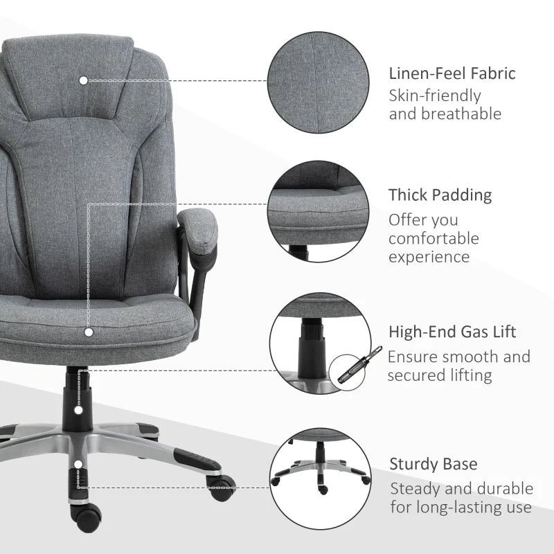 Vinsetto Grey Linen Fabric Office Chair - Height Adjustable Desk Chair with Padded Armrests, Swivel Wheels & Tilt Function