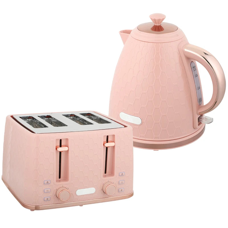 Light Pink Kettle and Toaster Set - 1.7L Fast Boil Jug Kettle & 4 Slice Toaster with 7 Browning Levels