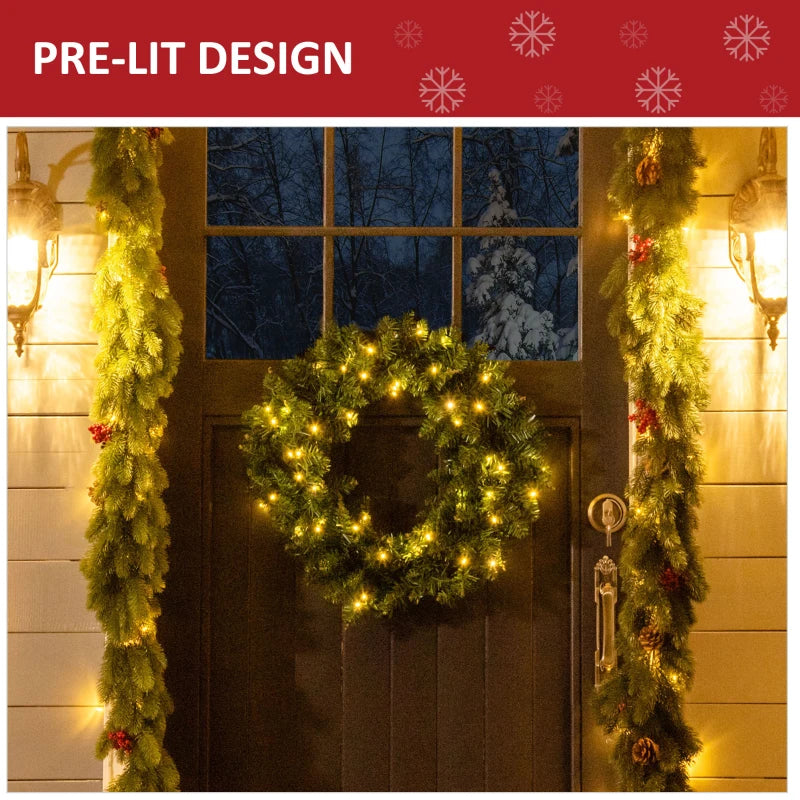 55CM Pre-lit Christmas Wreath with 50 Warm White LEDs - Perfect Artificial Door Decoration for Holiday Cheer