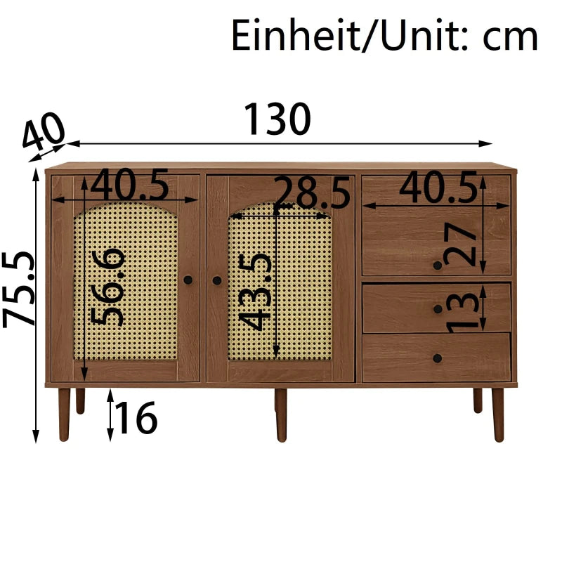 Country-Style Rattan Door Sideboard with Adjustable Shelves - Natural Wood Cabinet for Living Room & Hallway, 130x40x75.5 cm
