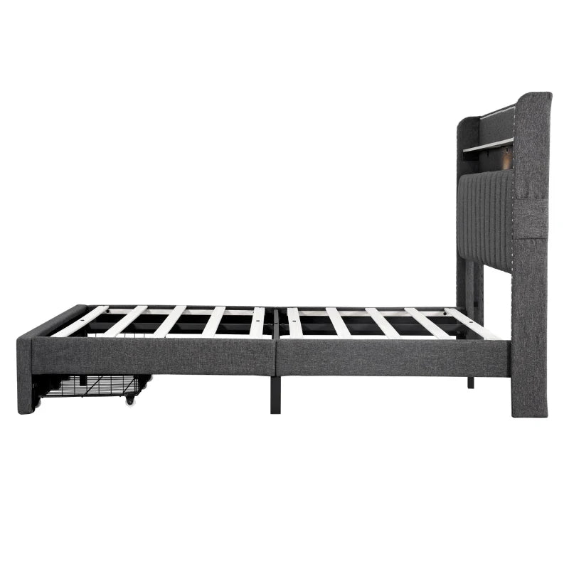 Double Upholstered Bed with Storage Drawers and Charging Ports in Grey Linen Frame