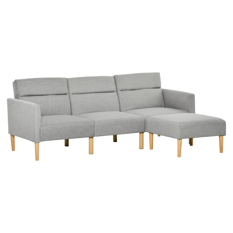 Linen Fabric L-Shaped Sofa Bed with Footstool and Rubber Wood Legs in Light Grey