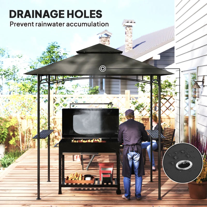 8' x 5' Dark Grey Double Tiered BBQ Grill Gazebo Canopy with LED Lights, 2 Side Shelves and Hooks