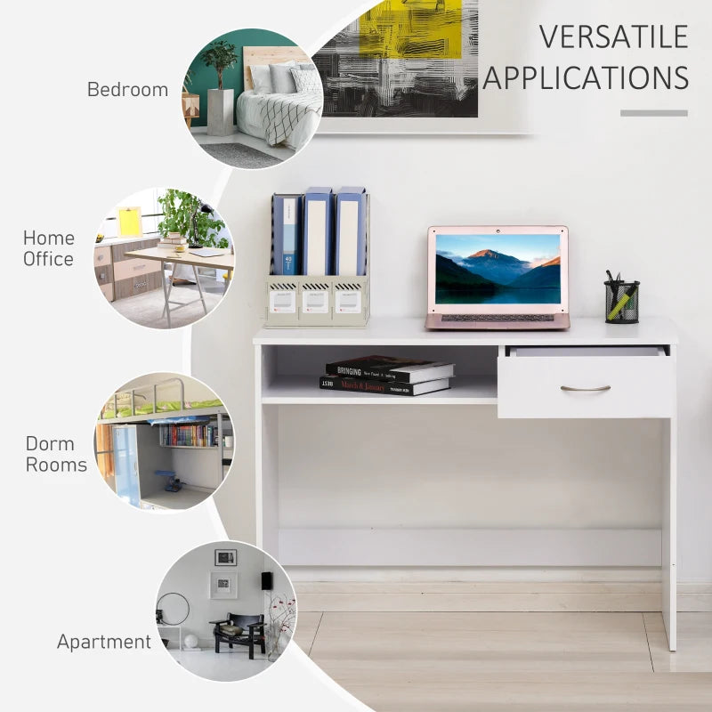 Compact White Computer Desk with Drawer & Storage Compartment - Stylish Study Table & Writing Workstation for Home Office