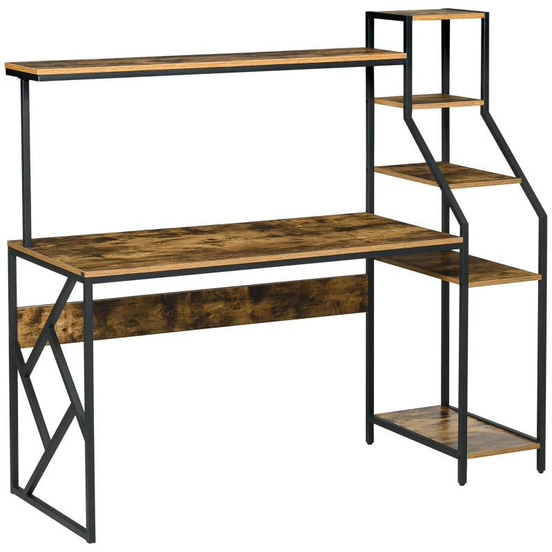 Industrial Computer Desk with Bookshelf - 6-Tier Storage Shelves for Home Office, Bedroom & Study - Rustic Brown, 150x55x138cm