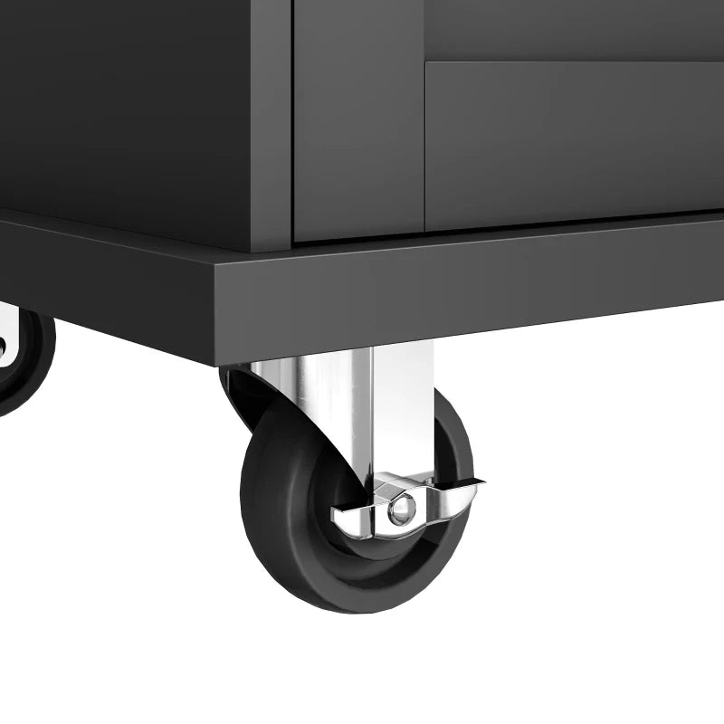 Mobile Kitchen Trolley with 5 Wheels, Drawers & Cupboards - Wooden Food Cart for Kitchen Organization, 129L x 46W x 92H cm, Black
