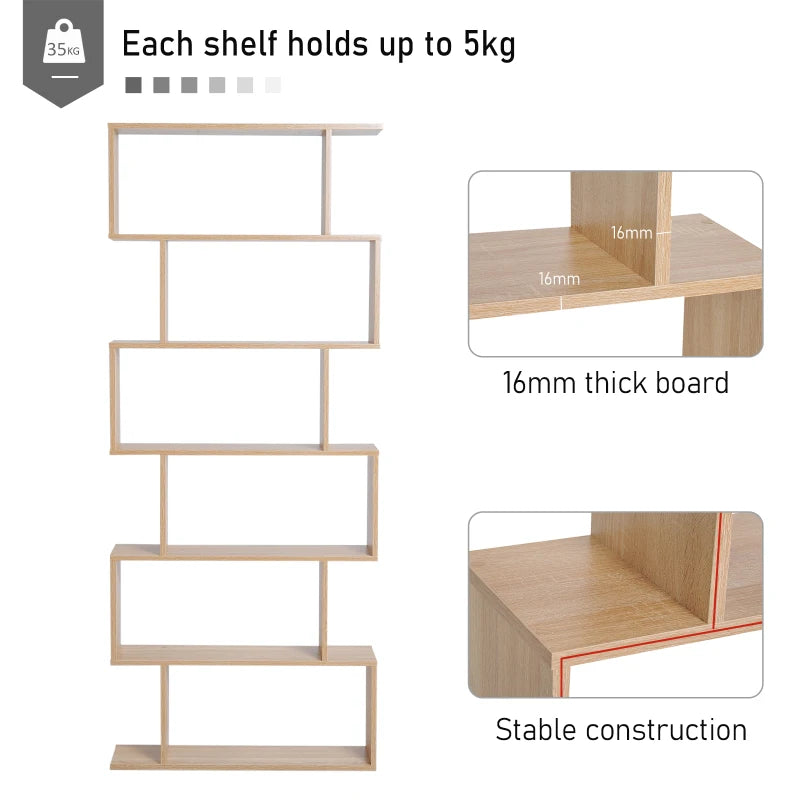 6-Tier S-Shaped Bookcase - Stylish Oak Storage Unit & Display Shelf for Living Room, Bedroom, Home Office, Plants