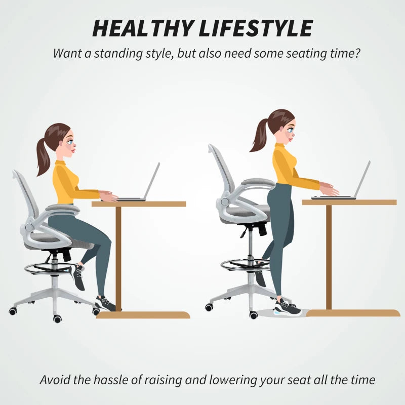 Vinsetto Height Adjustable Drafting Chair with Flip-up Armrest, Mesh Office Stool, 360° Swivel for Standing Desk - Light Grey